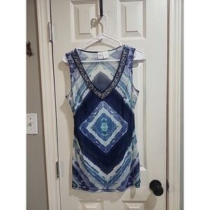 INC Beach Womens L Sheer Mesh Tank Top Blue Geometric Beaded V Neck Y2K Fairy